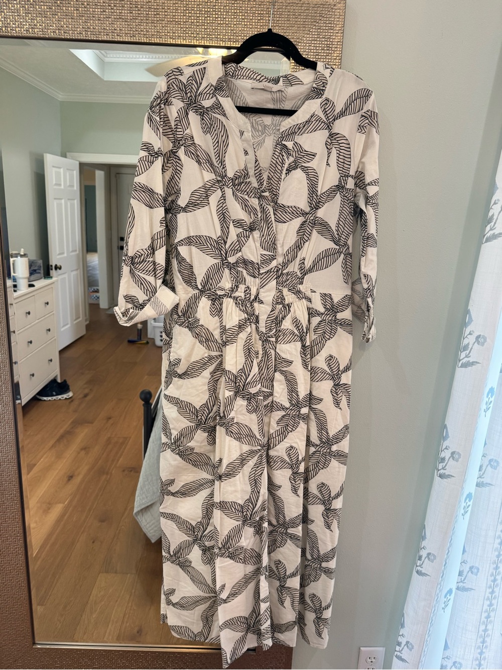 LOFT White Maxi Dress with Black Leaf Print